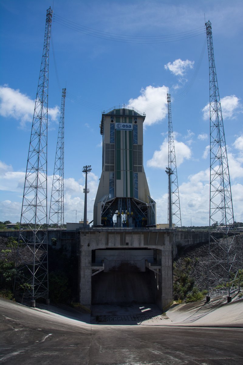 Startrampe der Soyuz. Das Gebäude ist fahrbar und wird vor dem Start 100m weg geschoben - Weltraumbahnhof Kourou